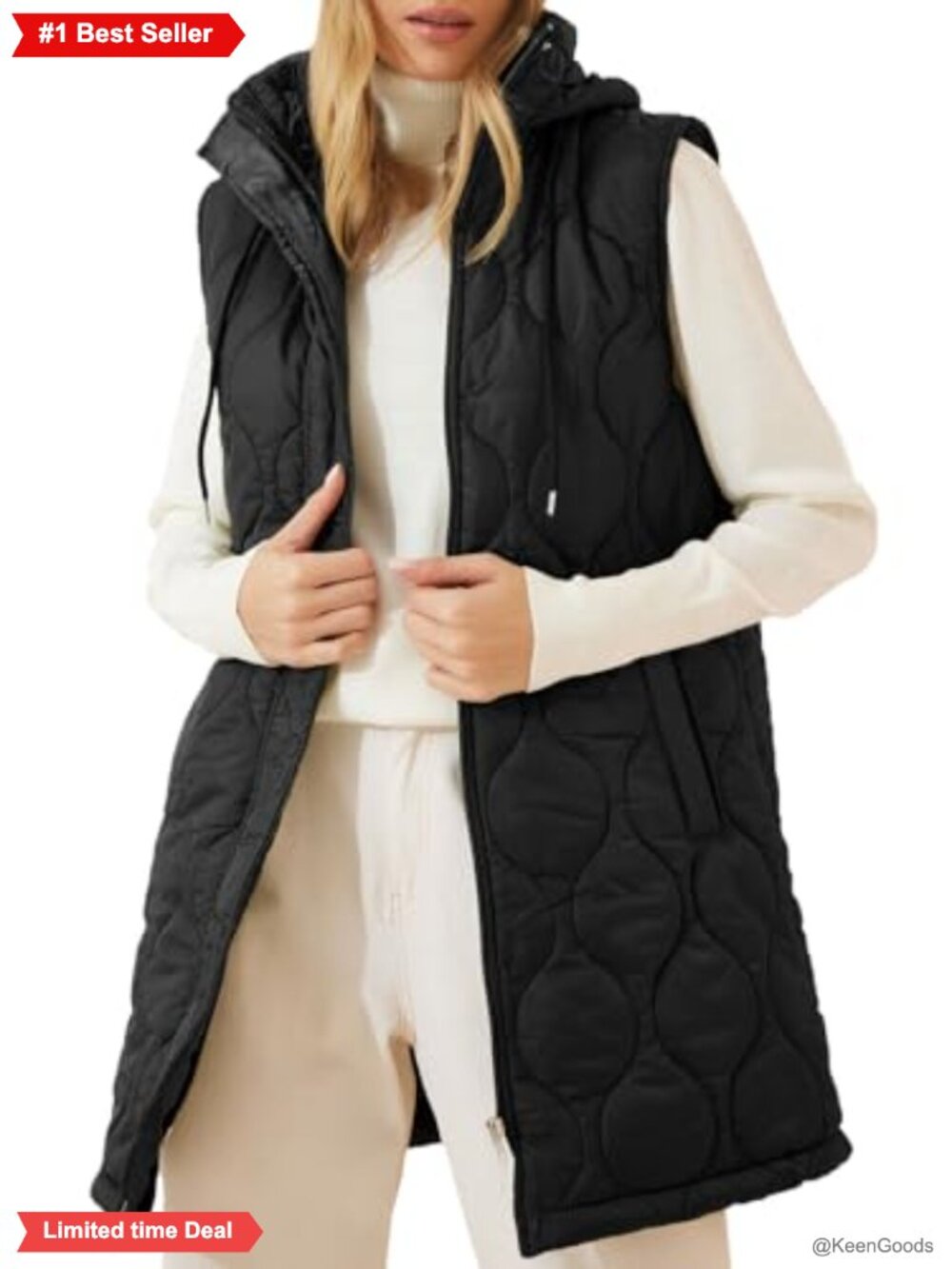 Womens Long Puffer Vest Hooded Quilted Sleeveless Zip Up Outerwear